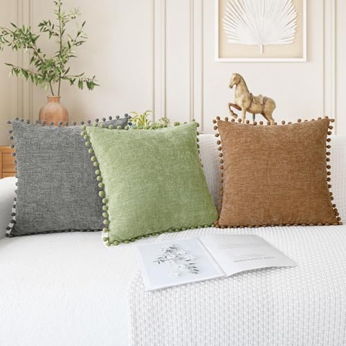 CaliTime Throw Pillow Covers Decorative 20 X 12 Inches Pack of 2 Cozy Solid Dyed Soft Chenille Cushion Cases with Pom Poms for Couch Sofa Bed Living Room Home Apricot Brown