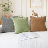 CaliTime Throw Pillow Covers Decorative 20 X 12 Inches Pack of 2 Cozy Solid Dyed Soft Chenille Cushion Cases with Pom Poms for Couch Sofa Bed Living Room Home Apricot Brown