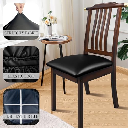 Pu Leather Dining Chair Seat Covers Set of 4, Waterproof Dining Seat Covers Stretch Chair Covers for Dining Chairs/Kitchen Room/Hotel, Odorless Seat Covers for Kitchen Chairs (Black - 4 PCS)