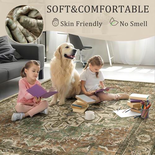 Washable 4x6 Area Rug, Green Vintage Floral Non-Slip for Bedroom, Entryway