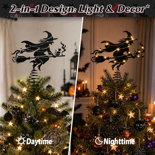 Halloween Witch Tree Topper with LED Lights,9 Inch Black Iron Flying Broom Witch Tree Topper,Spooky Light Up Halloween Ornament for Christmas Treetops and Home Party Supplies