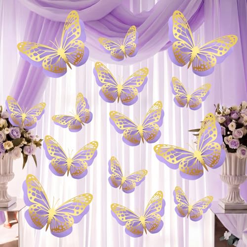 Geosar 20 Pcs 3D Large Butterfly Decoration 3 Size 12" 10" 5" 2 Layer Giant Paper Butterfly Stickers for Wedding Birthday Party Baby Shower Home Wall Decor (Gold,Purple)