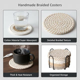 Drink Coasters Set of 8 with Holder – Cotton Woven Absorbent Coasters, 4 Colors for Coffee, Beer, Drinks & Tabletop Protection