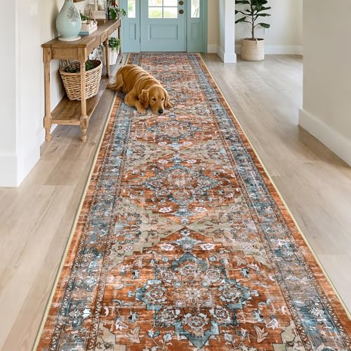 Runner Rug for Hallways Non Slip Washable Boho 2’6”x14 Hallway Low Pile Throw Rugs Vintage Carpet Runners for Entry Way, Kitchen, Laundry Room, Bathroom