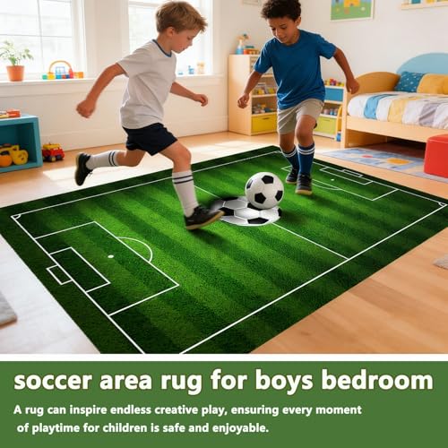 Kids Soccer Field Rug 2.6X4ft for Boys Bedroom,Green Football Field Carpet Non-Slip Playmat Fun Sports Area Rugs for Boys Children's Bedroom Playroom Living Room Nursery