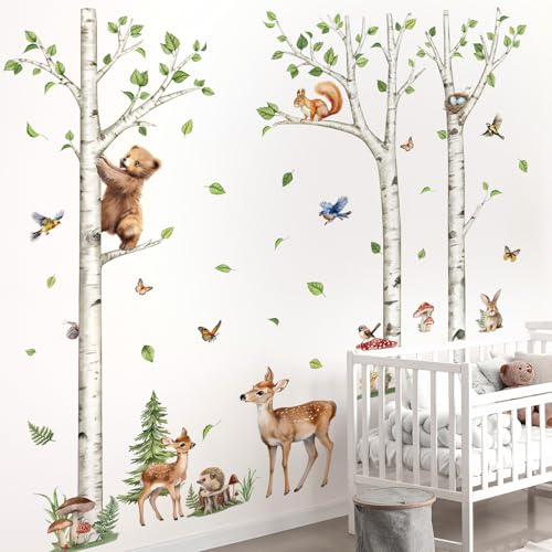 decalmile Large White Birch Tree Wall Decals Woodland Animals Bear Deer Rabbit Wall Stickers Living Room Baby Nursery Kids Room Wall Decor