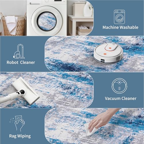 5x7 Area Rugs for Living Room, Modern Abstract Washable Carpet Blue