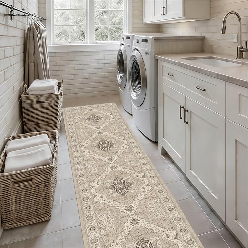 Washable 2'6x12 Hallway Runner Rugs, Vintage Non-Slip Low Pile Rugs Beige