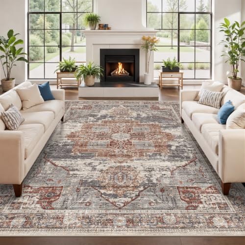 7x10 Rugs for Living Room Bedroom Non Slip Washable Carpets Farmhouse Decor Boho Indoor Dining Room Area Rug Stain Resistant Distressed Floor Mat for Office Nursery Playroom 7x10 Brick