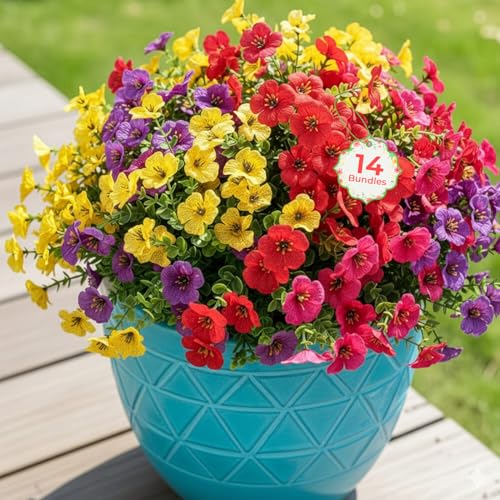 Auihiay 14 Bundles Outdoor Flowers UV Resistant, Real UV Resistant, Artificial Flowers for Outdoor, Faux Plants for Spring Summer Decoration, Porch Patio Yard Garden Window Box Pot Planters