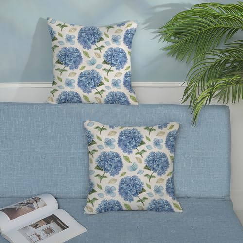 Spring Floral Pillow Covers 18x18 Pack of 2 Blue Hydrangea Flower Throw Pillow Covers Decoration,Summer Holiday Decor Pillowcase Rustic Farmhouse Linen Cushion Case for Home Sofa Couch Outdoor