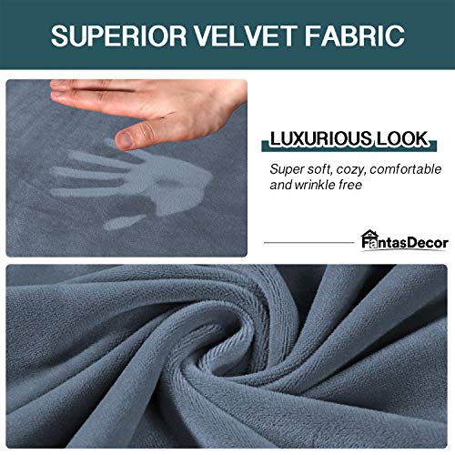 FantasDecor 2 Piece Chair Sofa Covers Velvet for Living Room Slipcovers with Individual Cushion Elastic Furniture Protector for Pets, Machine Washable (Armchair, Stone Blue)