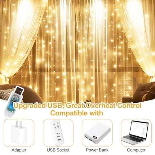 Fairy Curtain Lights Upgraded Tangle-Free Warm White USB Plug in 8 Modes String Hanging Lights with Remote for Christmas, Bedroom, Indoor, Outdoor, Weddings, Party (6.6FTx6.6FT)