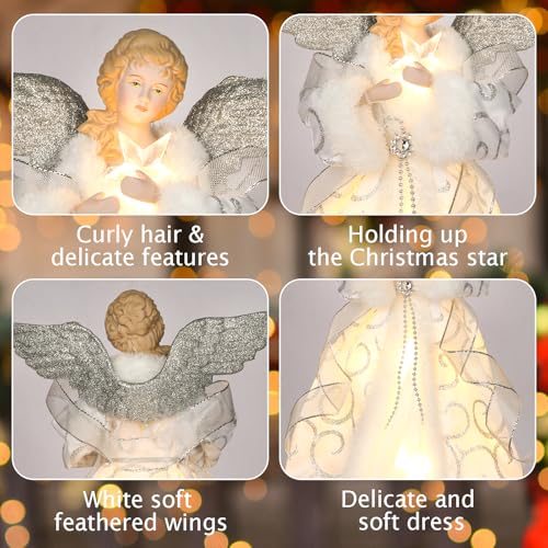 HMASYO Christmas Tree Topper Angel with Timer Lights, 12" Angel Tree Toppers with Silver Wings, Star Light, Remote Control and USB Power Xmas Treetop Decoration for Indoor Office Holiday Party