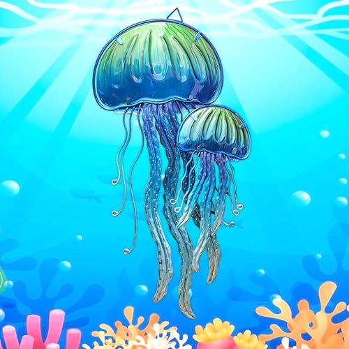 JOYBee Ocean Jellyfish Wall Art Decor-Sea Life Nautical Home Hanging Decor-Glass&Metal Jellyfish Decoration for Pool,Beach,Patio,Living Room,Bathroom,Boat, Coastal Decorations(17inch)