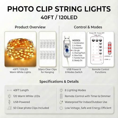 Teen Girl Gifts Trendy Stuff: Aesthetic 40Ft 120LED Hanging Picture Fairy Lights with 50 Clips - 8 Modes & Timer, Waterproof - Trendy Teenager Girl Gift for Birthday Christmas, Dorm Bedroom Wall Décor