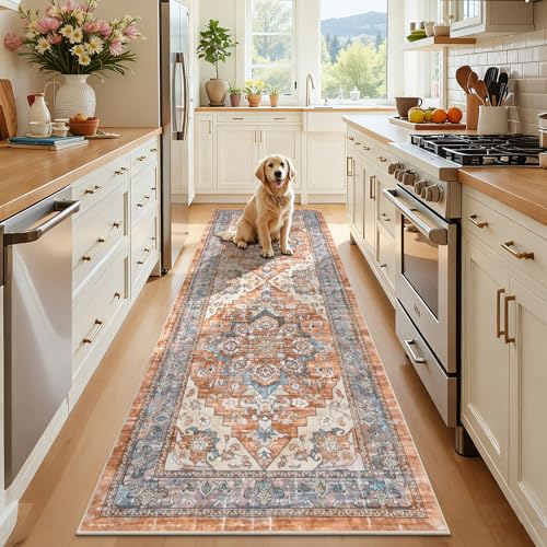 Washable 3x8 Hallway Runner Rug, Oriental Indoor Soft Non-Slip Carpet for Kitchen Bathroom Entryway Thin Stain Resistant Floor Mat for Living Room Bedroom Laundry