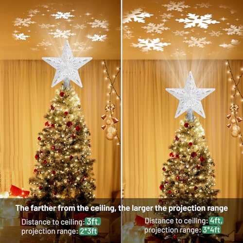 Mrrihand Christmas Tree Topper Lighted with 6 Projection Modes, Christmas Star Tree Topper Built-in LED Rotating Lights, Silver 3D Glitter Dynamic Projection for Christmas Tree Decorations