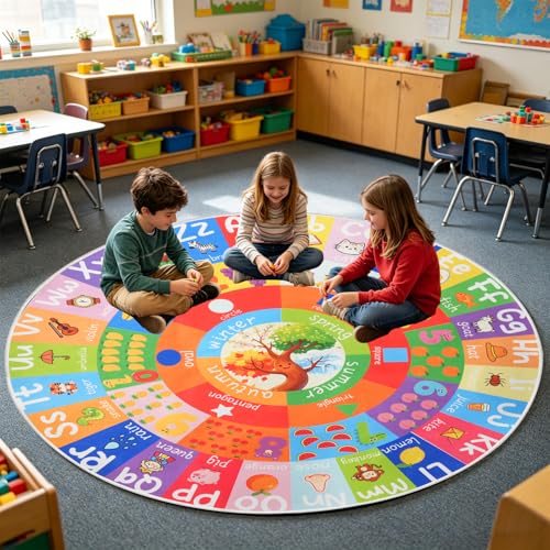 ABC Round Kids Rug for Playroom, 4ft Educational Kids Rug with Number Shape Animal Season, Non-Slip Alphabet Small Classroom Rugs, Learning Area Rugs Washable for Classroom Playroom Nursery Bedroom