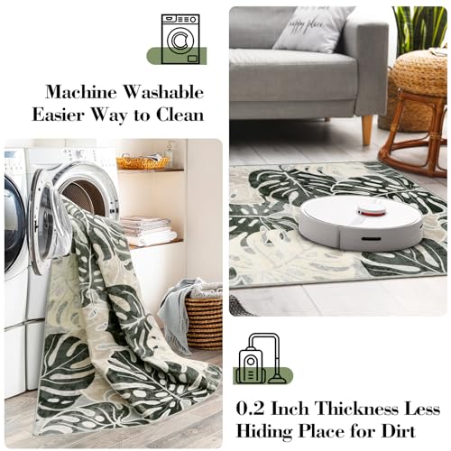 Wonnitar 2x6 Bathroom Rug Runner, Washable Leaf Runner Rugs for Hallway, Non-Slip Tropical Plant Long Carpet Monstera Low Pile Accent Mats for Bedside Kitchen Entrance Closet, Dark Jungle Green