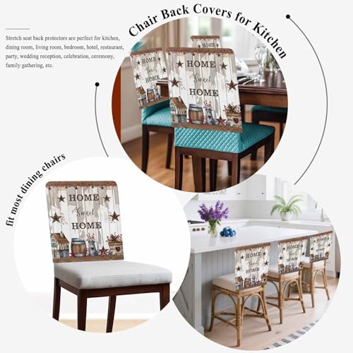 Sweet Home Country Star Dining Chair Cover Set of 4,Removable Chair Back Covers Retro Farm Gray Brown Wood Grain Washable Kitchen Chairs Slipcover for Home Dining Room Office Hotel