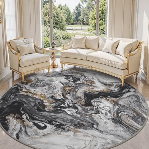 PADOOR 6' Round Abstract Area Rug, Washable Non-Slip Low Pile, Marble Black