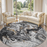 PADOOR 6' Round Abstract Area Rug, Washable Non-Slip Low Pile, Marble Black