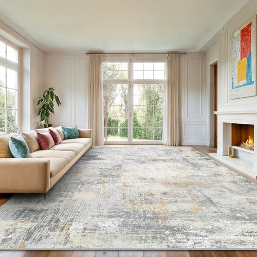AMADA Washable 9'x12' Abstract Area Rug for Living Room Beige