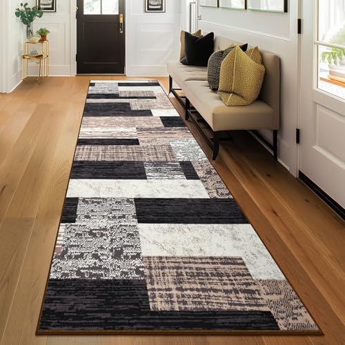 Indoor Washable Runner Rug with Rubber Backing, Modern Geometric Patchwork