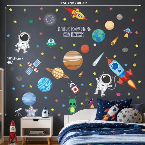 DECOWALL DS9-8058 Outer Space wall Decals Stickers Kids Bedroom Room décor Nursery Boys Galaxy Stars Astronaut Planets Solar System Dark Removable Decoration Living Spaceship Window Art Mural Peel