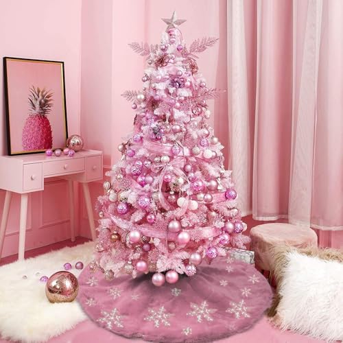Spring Easter Mini Pink Faux Fur Tree Skirt, 15'' Small Pink Tree Rug with Silver Snowflake, Fluffy Furry Decorations for Pencil Slim Tabletop Tree