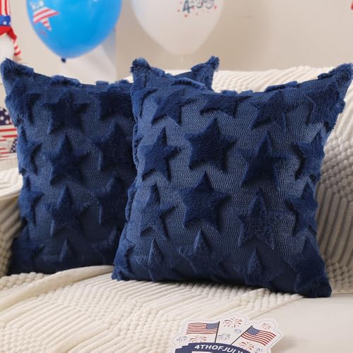 DFXSZ 4th of July Pillow Covers 18x18 inch Set of 2 4th of July Decor Blue Stars Decoration Soft Plush Faux Fur Jacquard Throw Pillows Independence Day Decorations for Bedroom Sofa Holiday PTK025A18
