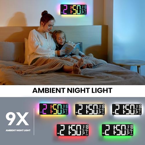 YISILE 13" Digital Wall Clock with Night Light,8 RGB Color,Dual Alarms with Large Display, Dimmer, Auto DST, Voice Control, Auto Time Sync,Remote Control for Living Room Bedroom,Gift for All Ages