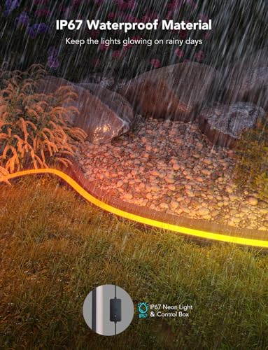 Govee Outdoor Neon Rope Lights, 65.6ft RGBIC IP67 Waterproof Outdoor Decorations with 64 Scene Modes, Music Sync, Flexible LED Lights, Neon Lights Work with Alexa, Google Assistant