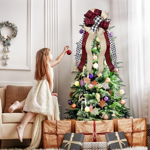 Christmas Tree Topper Large Buffalo Plaid Burlap Red and Black Gift Bow for Xmas Tree Handmade Holiday Party Decorations-13 x 29 Inch