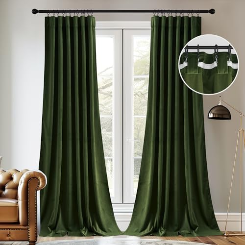 StangH Green Velvet Curtains 84 Inch Length, Luxury Vintage Emerald Drapes for Bedroom, Dark Green Room Darkening Window Treatment for Living Room with Back Tab & Hook Belt, W52 x L84, 2 Panels