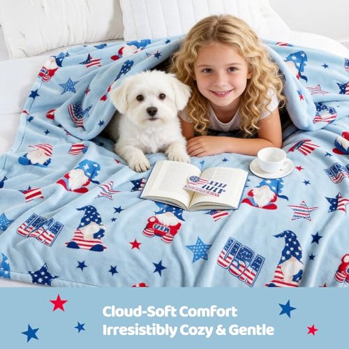 Cozy Bliss Gnome Patriotic Throw Blanket - 4th of July Warm MilkyPlush Throw Blankets,Ultra Soft Cozy Blankets for Couch,Sofa and Bed,Blue,50"x60"