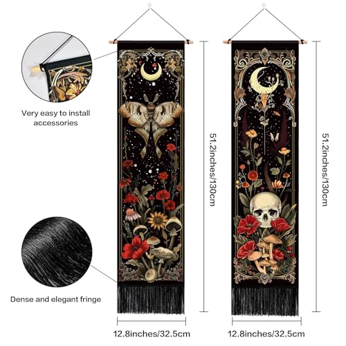 ARTCREATOR Pack of 2 Witchy Gothic Wall Bedroom Decor Moth Moon Tapestry Skull Mushroom Vertical Tapestries Retro Floral Flowers Tapestries for Bedroom Aesthetic Alt Room (12.8 x 51.2 inches)