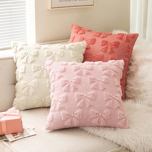 MIULEE Light Pink Bow Pillow Covers Coquette Room Decor Aesthetic Set of 2 Spring Decorative Cute Girl Soft Plush Faux Pillowcase for Preppy Room Decor Bedroom Couch,18x18 Inch