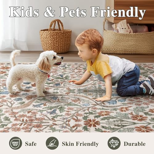 5x8 Washable Area Rug Cream Boho Floral for Living Room Bedroom Nursery