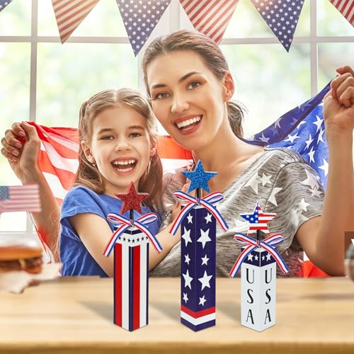 3 Pcs Patriotic Wooden Table Decor, 4th of July Tiered Tray Decor, Red White Blue Star Firework Centerpieces, USA Flag Wooden Blocks for Independence Day Memorial Day Home Decor