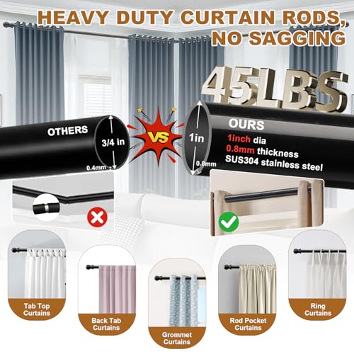 Corner Curtain Rod for Windows - L Shaped 30 to 136 Inches Adjustable,1 Inch Heavy Duty Corners Window Curtain Rods, 180° Connector Angled Drapery Pole -Black