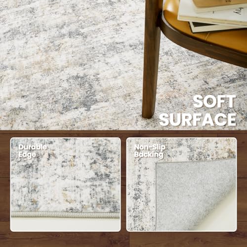 4x6 Grey Beige Washable Area Rug for Living Room, Vintage Print