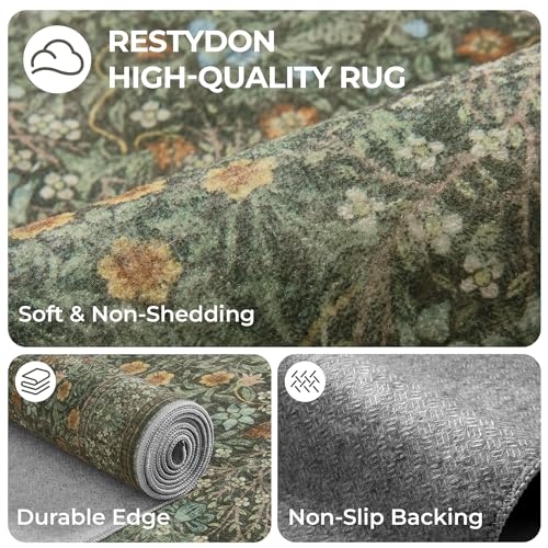 2x6 Runner Rug, Green Floral Rug for Entryway, Moynesa Washable Kitchen Rugs with Rubber Backing, Thin Soft Botanical Runners for Hallways, Bedroom, Laundry, Bathroom(2'x6', Dark Green)