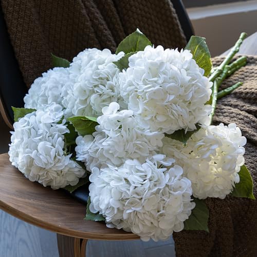 DUYONE 22" Real Soft Touch Hydrangea Artificial Flowers Realistic,Large Long Stem Fake Flowers Full Latex Faux,Wedding Bouquet,Party Home Decor,Garden Office Room Table Centerpieces White 3Pcs
