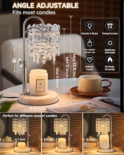 Candle Warmer Lamp with Timer Dimmer Adjustable Height Candle Warmer with Marble Base for Jar Candles, Crystal Candle Lamp with 3 Bulbs for New Home Decor, Women Mom Christmas Birthday Gifts, Silver