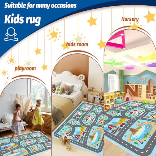 Kids Rug Car Rugs 31''x47'' Playmat Carpet for Play Toy Cars for Playroom Classroom Kids Room, Non-Slip Road Traffic Floor Rug Mats, Washable Children's Town Road Play Rug.