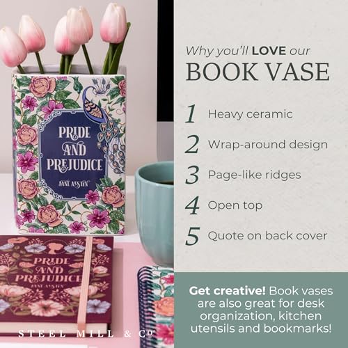 Steel Mill & Co Original Book-Shaped Decorative Vase, Ceramic Vases for Home Decor, Cute Bookshelf Decor, Unique Vase for Book Lovers (Large - Pride and Prejudice)