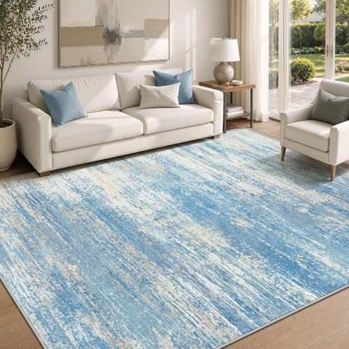 Washable Rug 5x7 Area Rugs for Living Room: Neutral Soft Rug Abstract Non Slip Low Pile Modern Carpet for Bedroom Kitchen Nursery Office Dining Room Indoor (Lightblue, 5'x7')