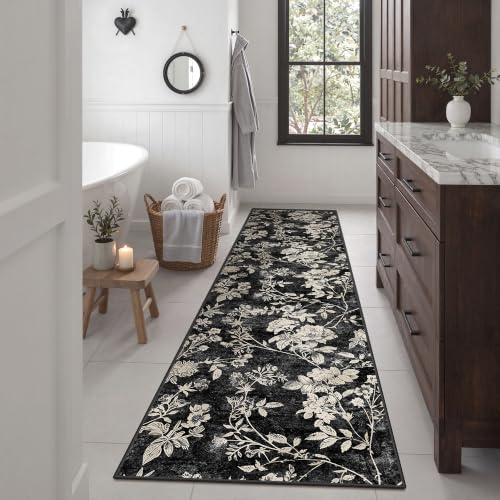 Soalmost Washable Runner Rug 2x8, Floral Hallway Runner Rug Non Slip Black